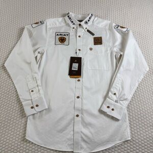 NEW Ariat Men's White Button Down Shirt w Logo Accents DISCONTINUED MODEL Sz S